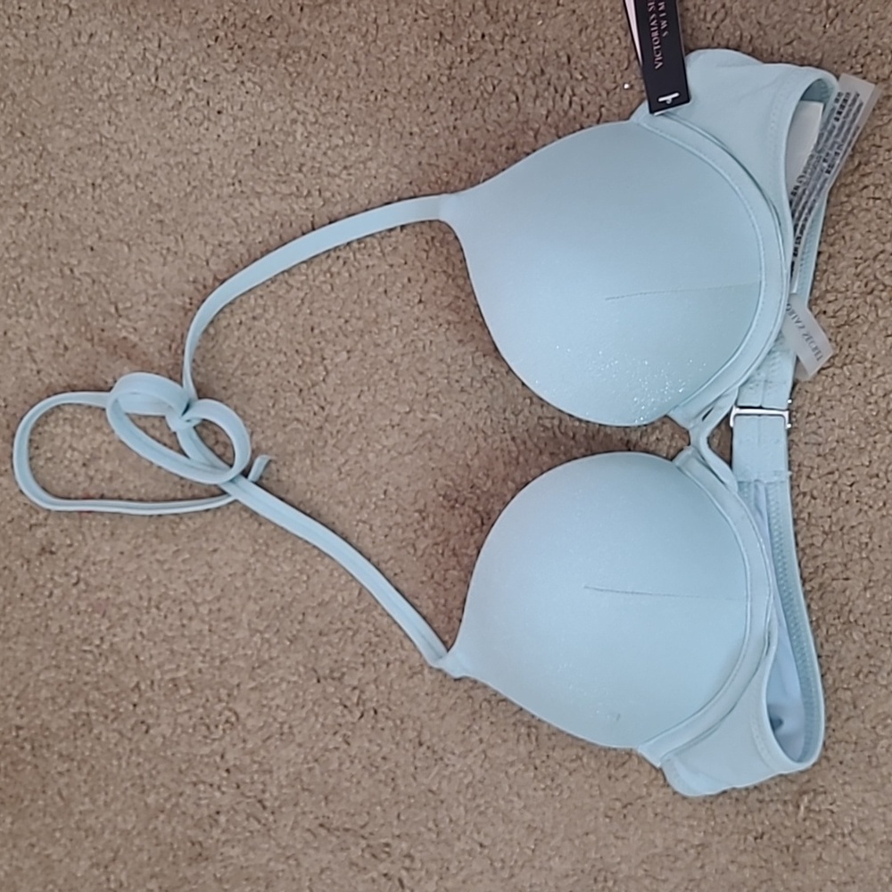 Victorias Secret Swim Sparkly Light Blue Padded Pushup Bikini Top Womens 32AA
